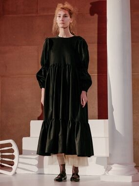 MOLLY GODDARD Runway "Milla" Black Sateen Tiered Long Sleeve Cotton Dress XS